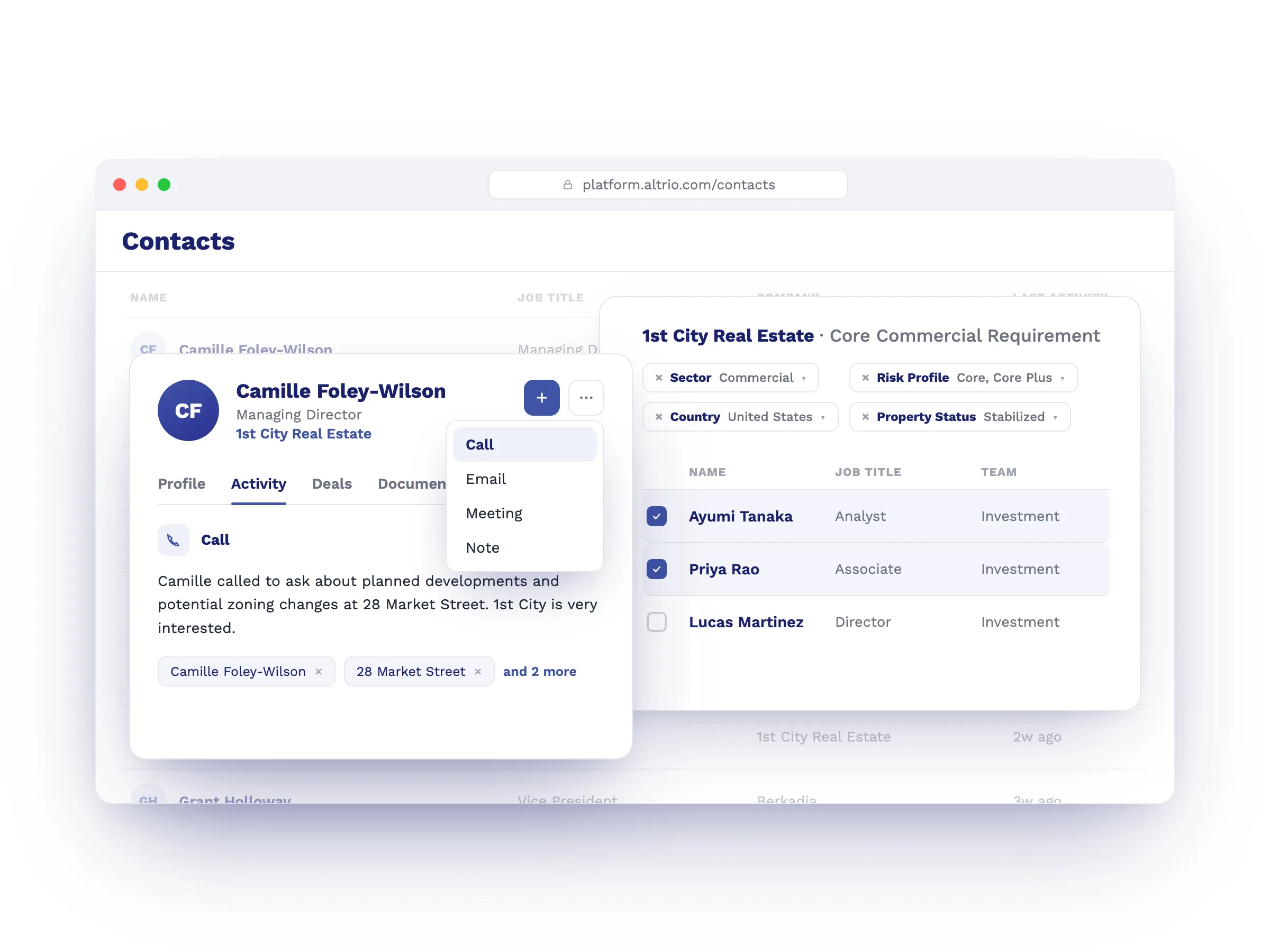 Altrio's contacts view: a relationship profile with logged calls, emails, and meetings, alongside a panel matching a firm's buy-box requirement to the right team members.